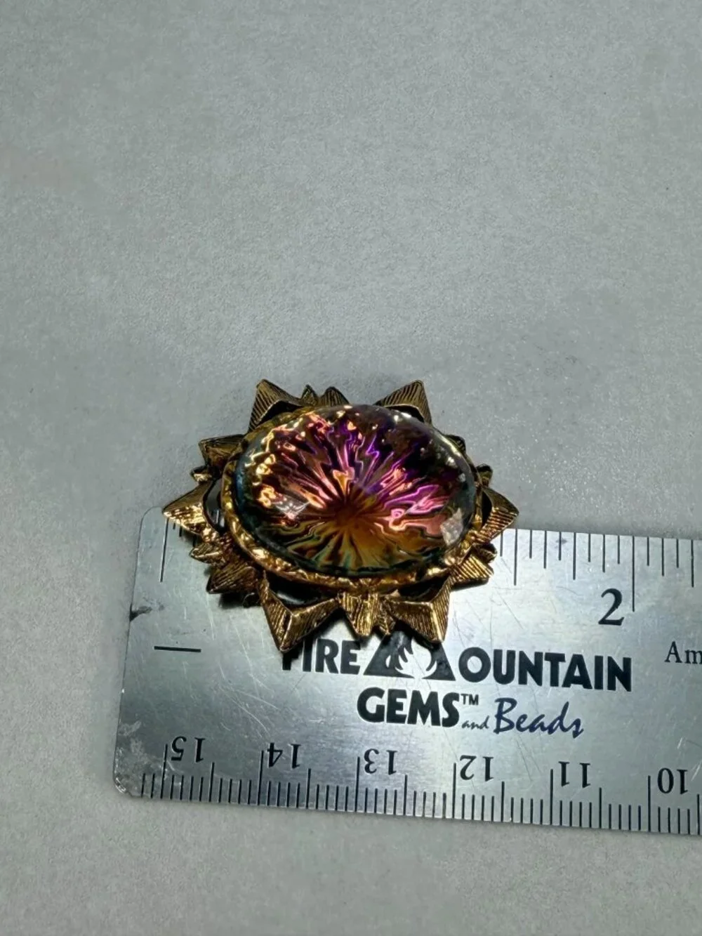 Vintage Gold Tone Purple Art Glass Brooch Iridescent Cabochon Statement Pin